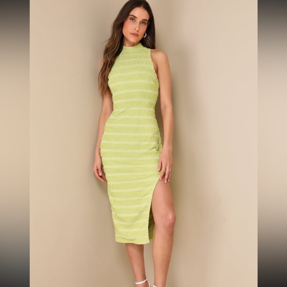 Lulus Mock Neck Open Back Green Midi dress